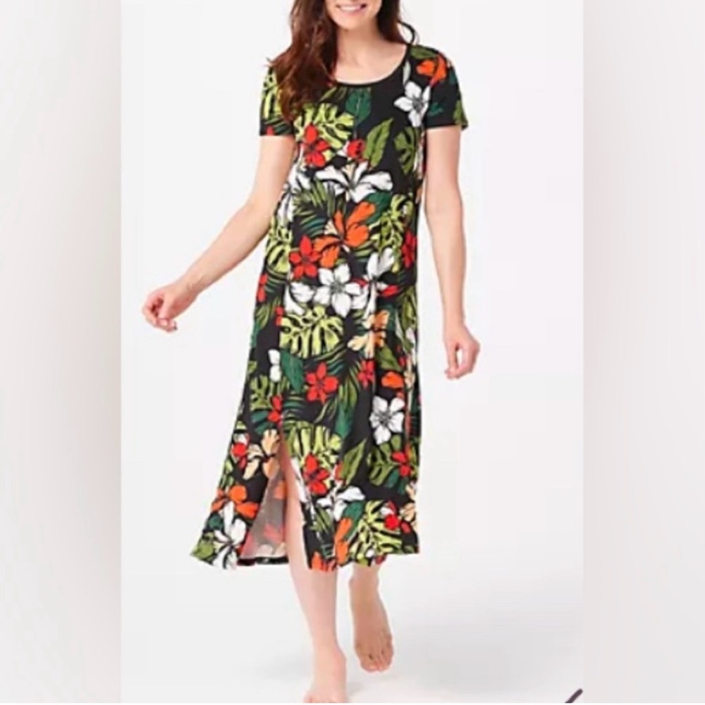 Cuddl Duds Floral Dress - Black, Green, Red, White